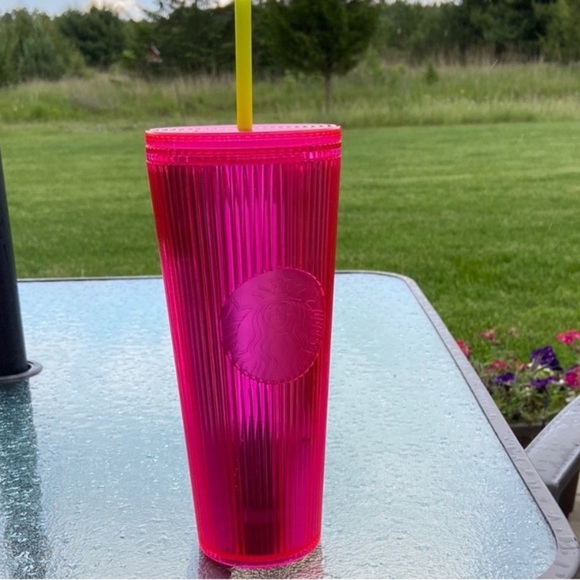 Starbucks Vibrant Pink Tumbler with Yellow Straw cup glass - Picture 1 of 6